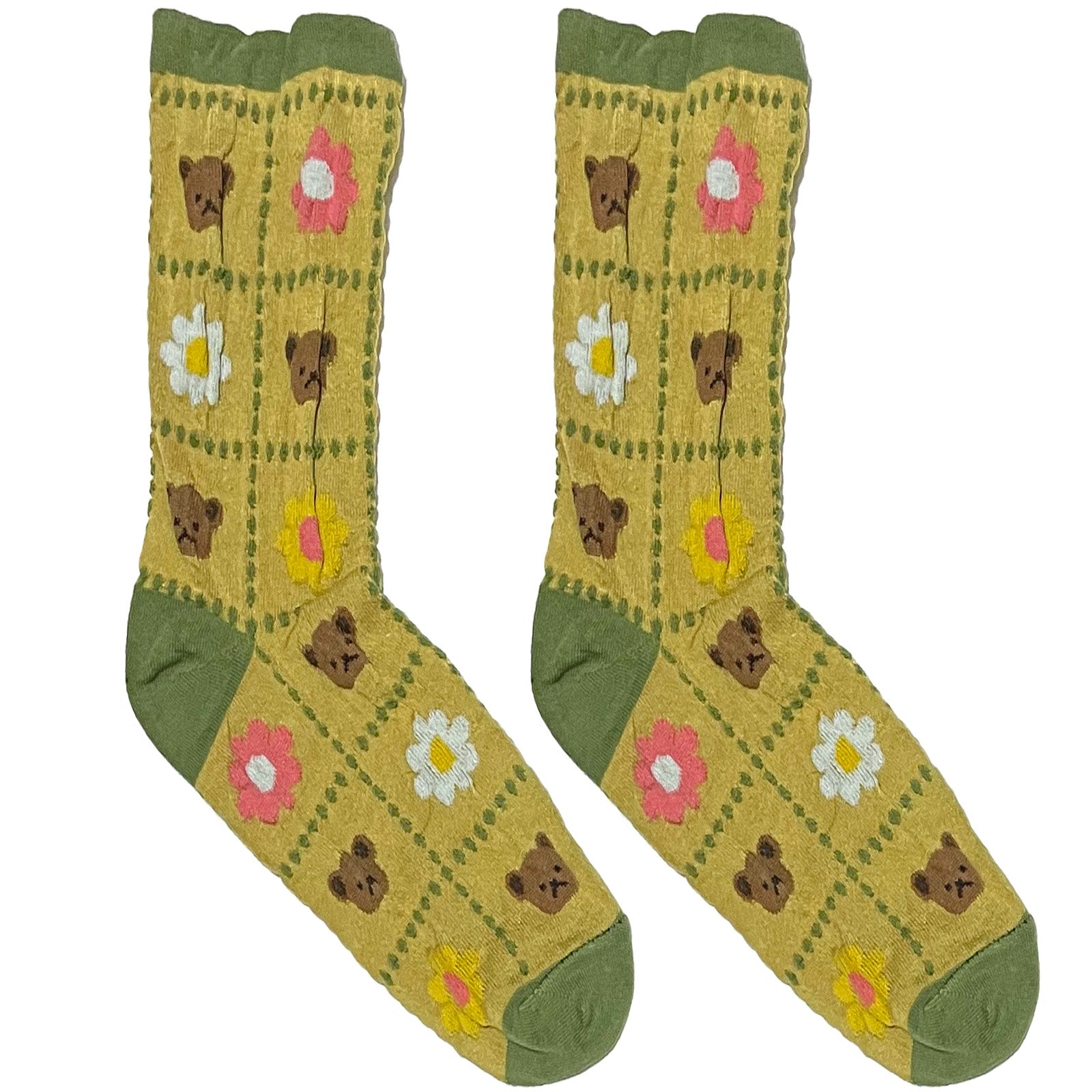 Green Bear And Flower Short Crew Socks