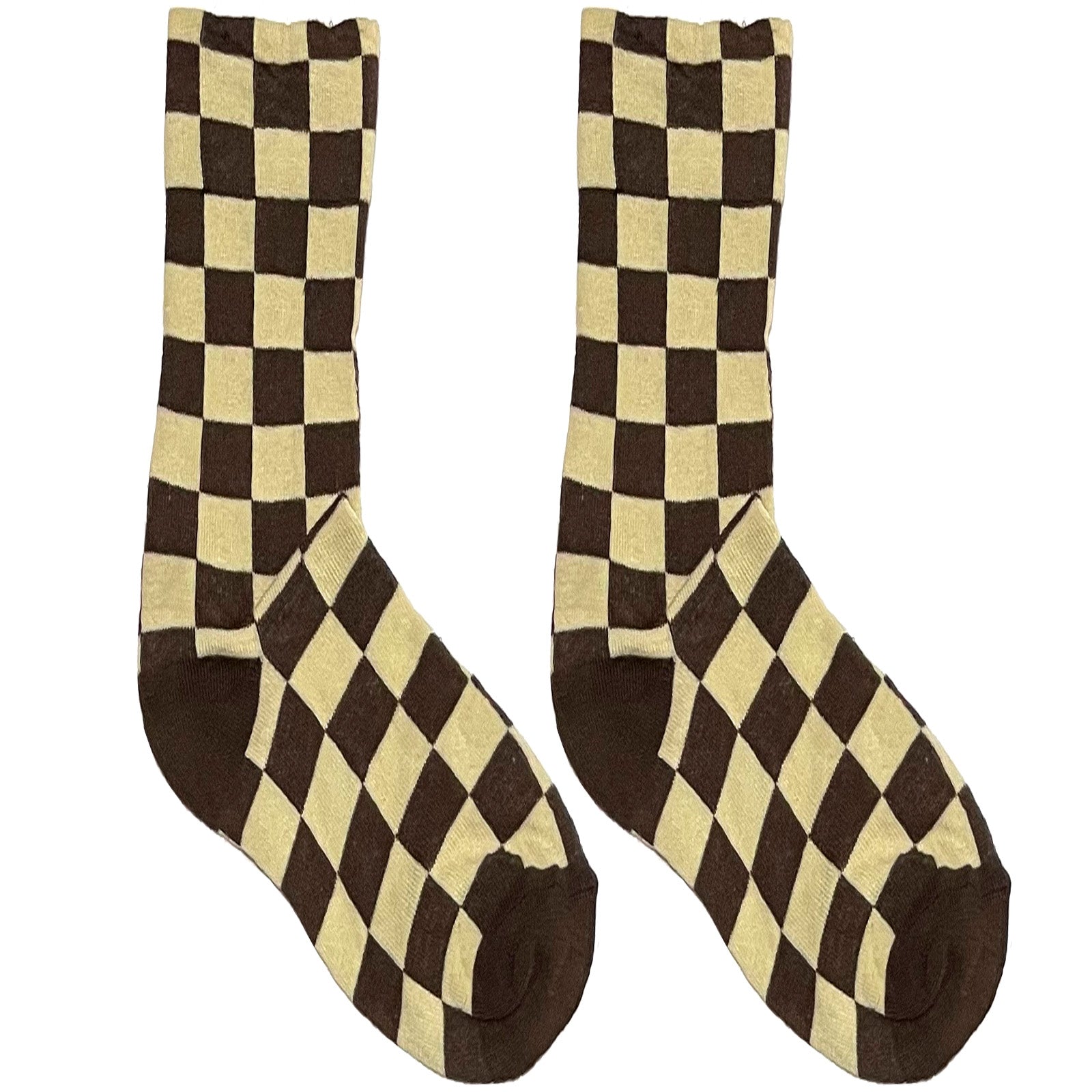 Off White And Brown Chequered Short Crew Socks